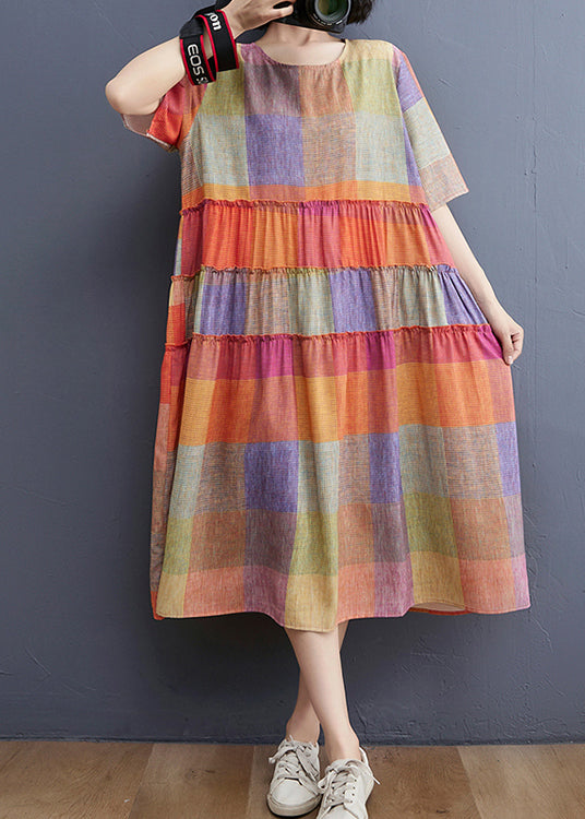 Plus Size Colorblock O-Neck zerknittertes Patchwork-Kleid mit kurzen Ärmeln