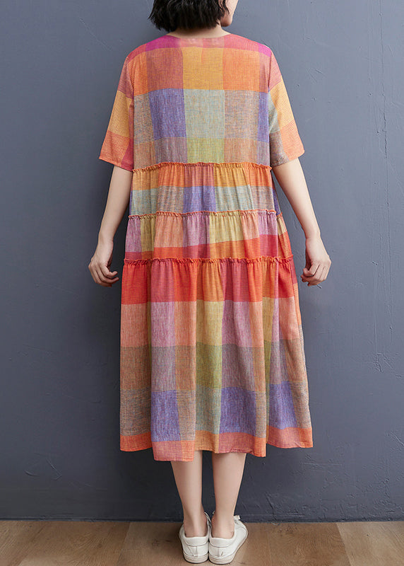 Plus Size Colorblock O-Neck wrinkled Patchwork Dress Short Sleeve