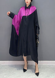 Plus Size Colorblock Peter Pan Collar Patchwork Oversized Silk Dress Batwing Sleeve
