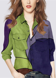 Plus Size Colorblock Peter Pan Collar button pocket Print Shirt Long Sleeve