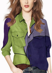 Plus Size Colorblock Peter Pan Collar button pocket Print Shirt Long Sleeve