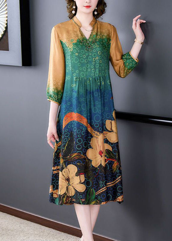 Plus Size Colorblock Print Wrinkled Silk A Line Dresses Bracelet Sleeve