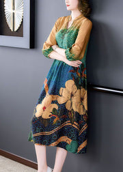 Plus Size Colorblock Print Wrinkled Silk A Line Dresses Bracelet Sleeve