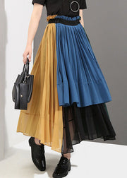 Plus Size Colorblock elastic waist Patchwork Chiffon pleated Skirt Spring