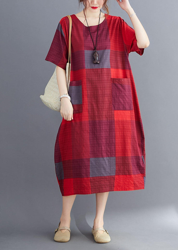Plus Size Corron Linen Red O Neck Plaid Summer Maxi Dresses - SooLinen