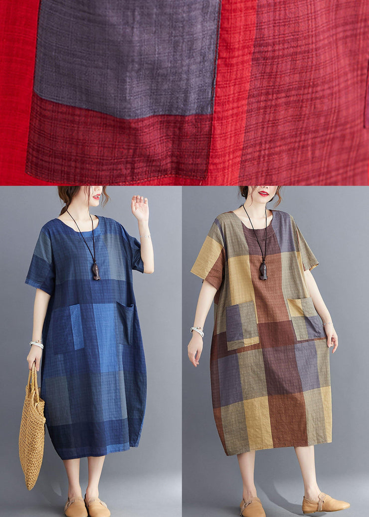 Plus Size Corron Linen Red O Neck Plaid Summer Maxi Dresses - SooLinen