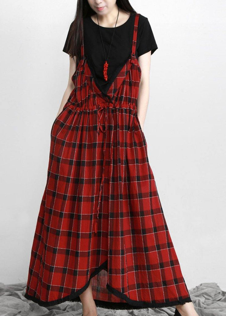 Plus Size Cotton Red Plaid Italian Dress V Neck - SooLinen