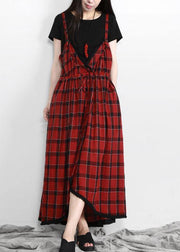 Plus Size Cotton Red Plaid Italian Dress V Neck - SooLinen