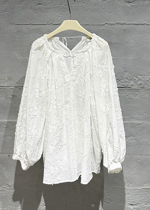 Plus Size Cozy White Embroidered Cotton Shirt Tops Fall