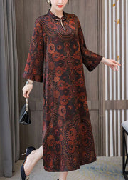 Plus Size Dark Brown Print Mandarin Collar Silk A Line Dress Spring