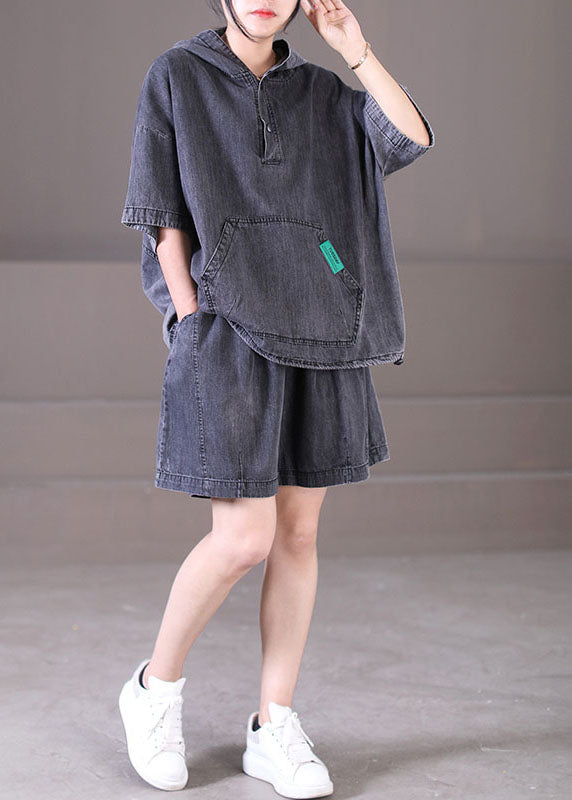 Plus Size Dark Grey Hooded Elastic Waist Pockets Cotton Denim Two Piece Set Outfits Summer