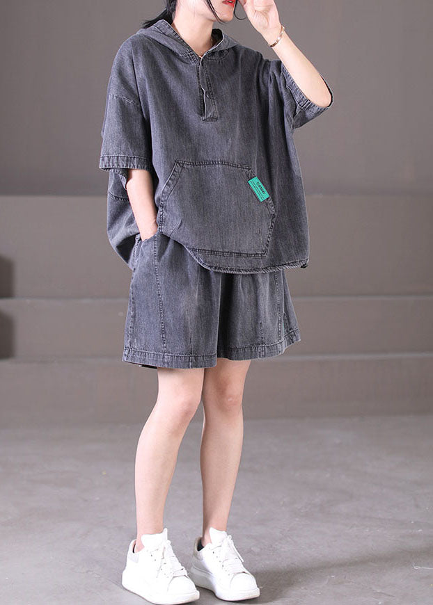 Plus Size Dark Grey Hooded Elastic Waist Pockets Cotton Denim Two Piece Set Outfits Summer