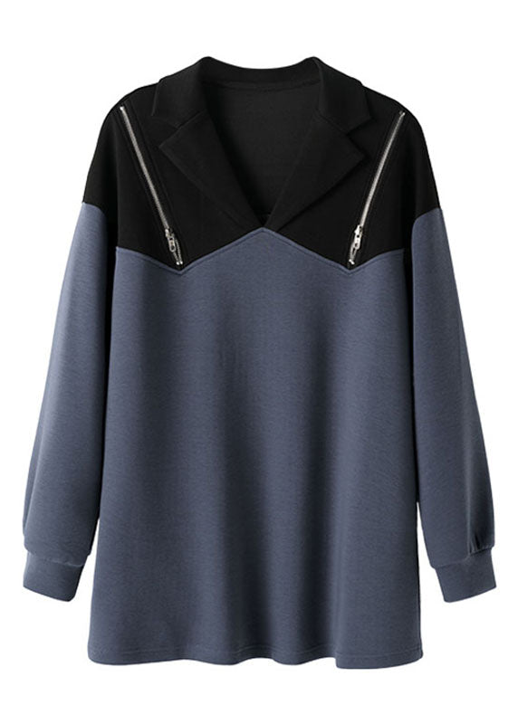 Plus Size Dark Grey Notched Zippered Patchwork Sweatshirts Long Sleeve