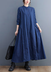 Plus Size Denim Black Stand Collar Patchwork Wrinkled Button Ankle Shirts Dress Long Sleeve