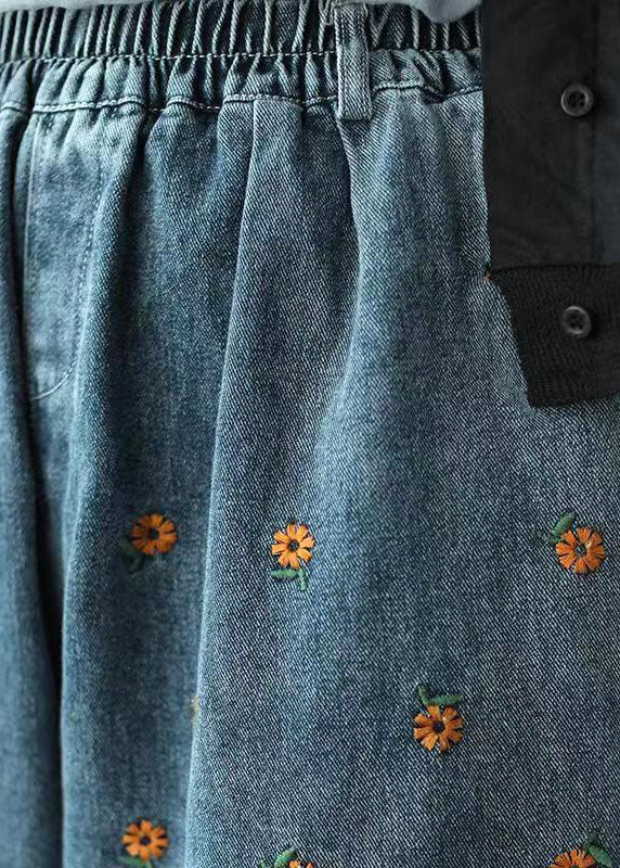 Plus Size Denim Blue Elastic Waist Daisy Embroidered Hole Cotton Straight Pants Summer