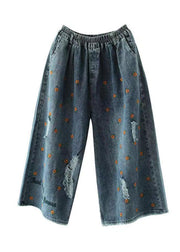 Plus Size Denim Blue Elastic Waist Daisy Embroidered Hole Cotton Straight Pants Summer