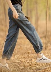 Plus Size Jeansblau Elastische Taille Kordelzug Drapierende Baumwollhose Hose Sommer
