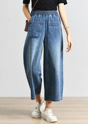 Plus Size Denim Blue Elastische Taillentaschen Cotton Wide Leg Crop Pants Sommer