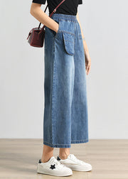 Plus Size Denim Blue Elastische Taillentaschen Cotton Wide Leg Crop Pants Sommer