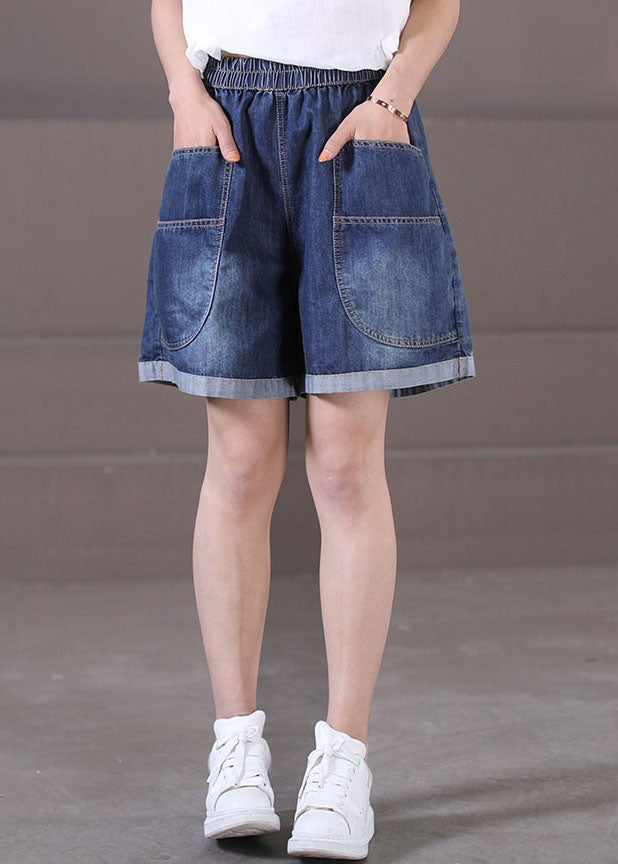 Plus Size Denim Blue Elastic Waist Pockets Cotton Wide Leg Shorts Summer