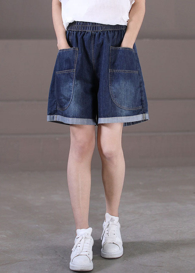 Plus Size Jeansblau Elastische Taillentaschen Baumwolle Shorts mit weitem Bein Sommer