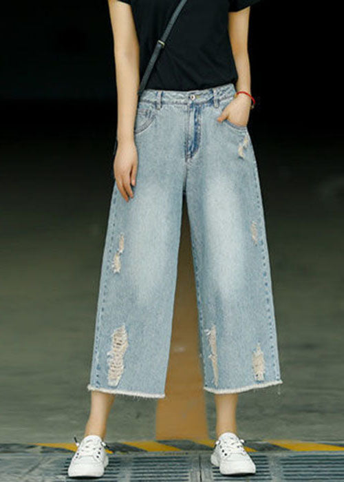 Plus Size Denim Blue High Waist Pockets Cotton Jeans Crop Pants Summer