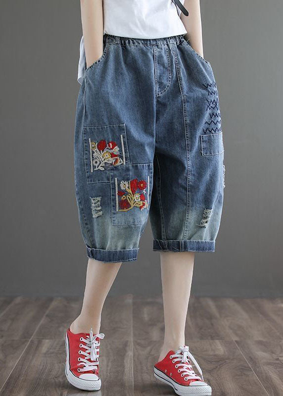 Plus Size Denim Blue Hole Embroidered Pockets Cotton Harem Pants Summer