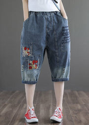 Plus Size Denim Blue Hole Embroidered Pockets Cotton Harem Pants Summer