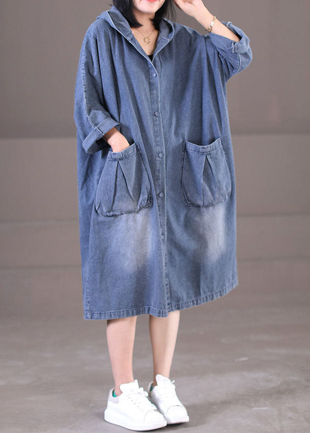 Plus Size Denim Blue Hooded Pockets Cotton Long Dress Long Sleeve