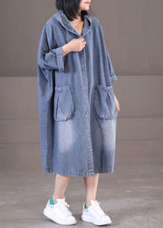 Plus Size Denim Blue Hooded Pockets Cotton Long Dress Long Sleeve
