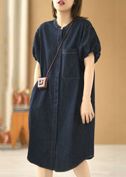Plus Size Denim Blue O-Neck Pocket Solid Color Cotton Holiday Dress Puff Sleeve