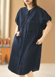 Plus Size Denim Blue O-Neck Pocket Solid Color Cotton Holiday Dress Puff Sleeve