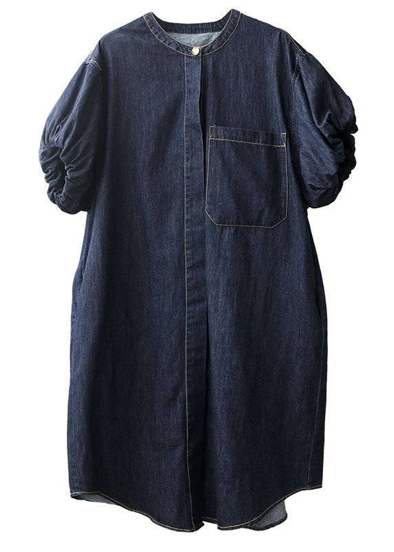 Plus Size Denim Blue O-Neck Pocket Solid Color Cotton Holiday Dress Puffärmel