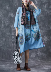 Plus Size Denim Blue Oversized Print Cotton Robe Dresses Fall
