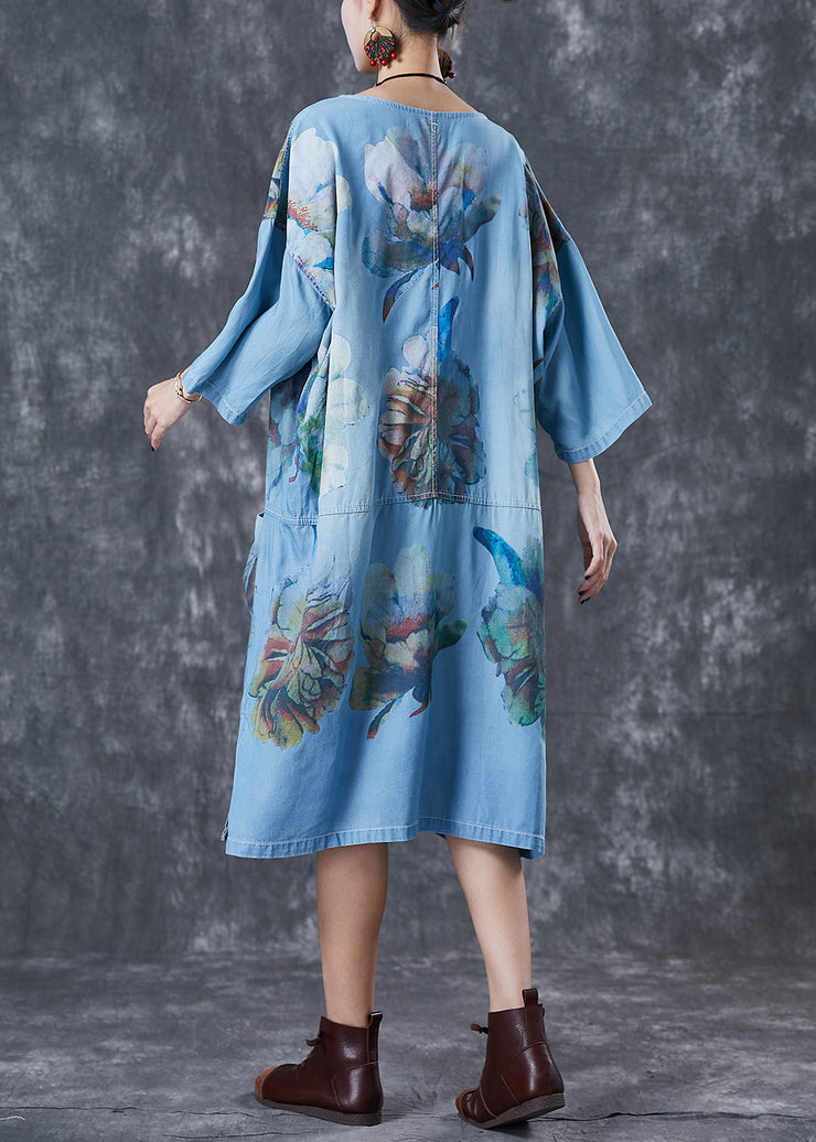Plus Size Denim Blue Oversized Print Cotton Robe Dresses Fall
