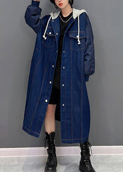 Plus Size Denim Blue Patchwork Button Hooded Coat Fall