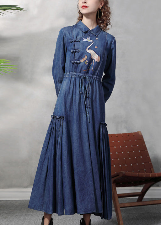 Plus Size Denim Blue Bubikragen Bestickte Rüschen Kordelzug Baumwolle Orientalische Kleider Langarm