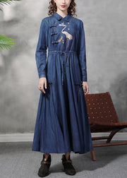 Plus Size Denim Blue Peter Pan Collar Embroidered Ruffled Drawstring Cotton Oriental Dresses Long Sleeve