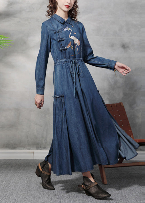 Plus Size Denim Blue Peter Pan Collar Embroidered Ruffled Drawstring Cotton Oriental Dresses Long Sleeve