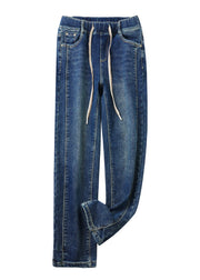 Plus Size Denim Blue Pockets Elastic Waist Fleece Pants Spring