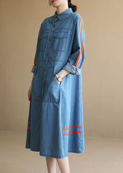 Plus Size Jeansblau Taschen Patchwork Krawatte Taille Baumwolle Langes Kleid Langarm