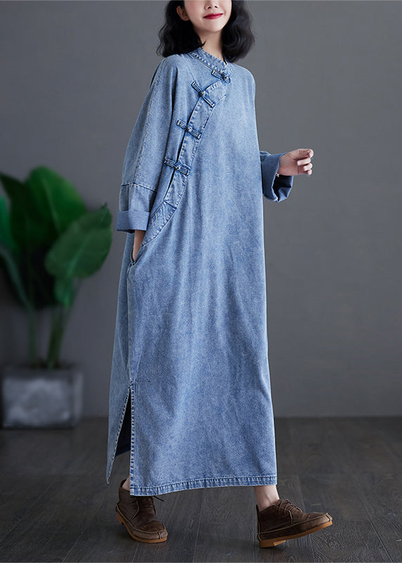 Plus Size Denim Blue Stand Collar Patchwork Button Side Open Maxi Dresses Spring
