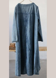 Plus Size Denim Blue U Neck Dress Large Hem Spring Mid Dress - SooLinen