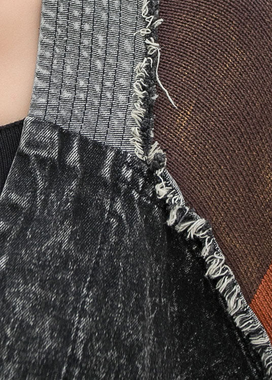 Plus Size Denim V Neck Knit Patchwork Asymmetrical Design Fall Long Sleeve Coat