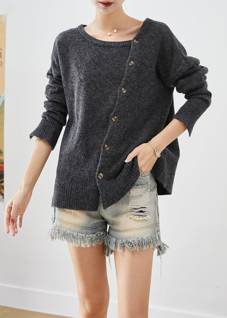 Plus Size Dull Grey Asymmetrical Patchwork Button Knit Pullover Fall