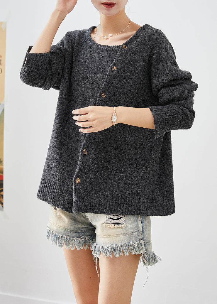 Plus Size Dull Grey Asymmetrical Patchwork Button Knit Pullover Fall