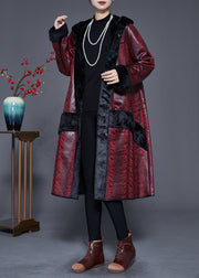 Plus Size Dull Red Hooded Patchwork Warm Fleece Coats Winter