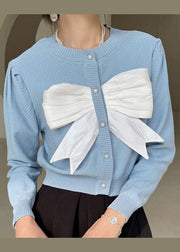 Plus Size Elegant Blue Puff Sleeve Knit Top Spring