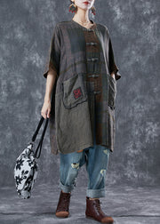 Plus Size Embroidered Chinese Button Pockets Linen Trench Summer