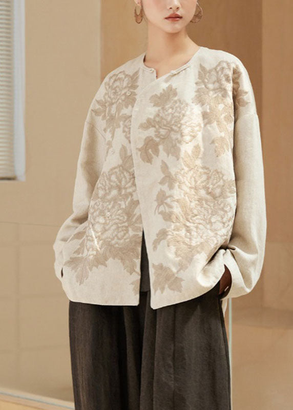 Plus Size Embroidered Floral Button Linen Coats Long Sleeve